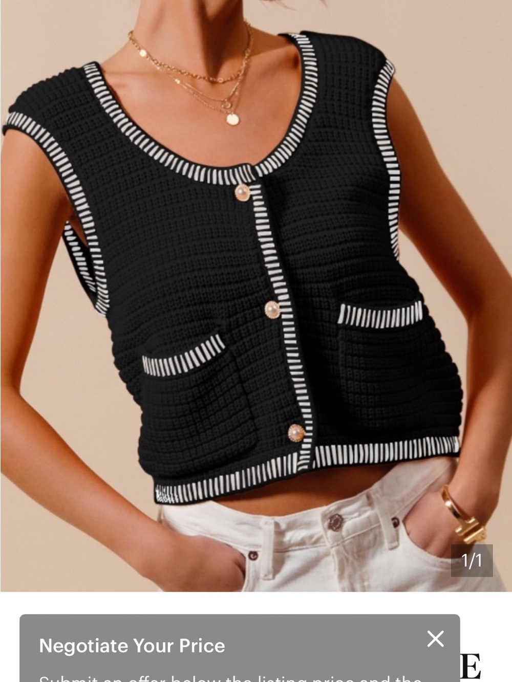 So Me Black Knit Button Front Vest with White Trim
